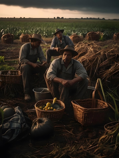 Foto homens sentados num campo com cestas de frutas