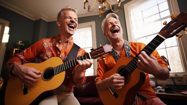 Foto homens sorridentes comemoram com alegre música de violão