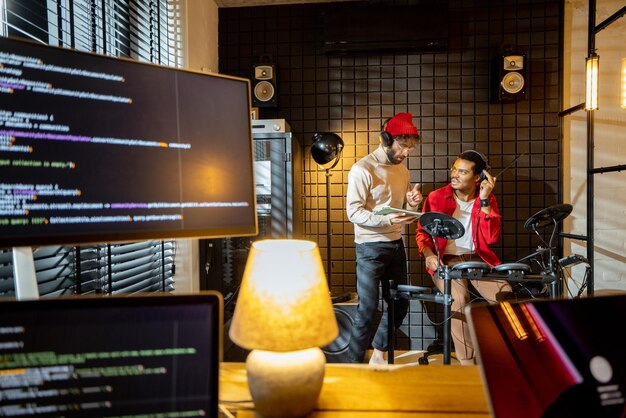 Homens tocando bateria elétrica em casa sstudio