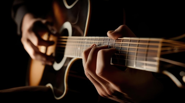 Homens tocando guitarra acústica Fotografia em close-up