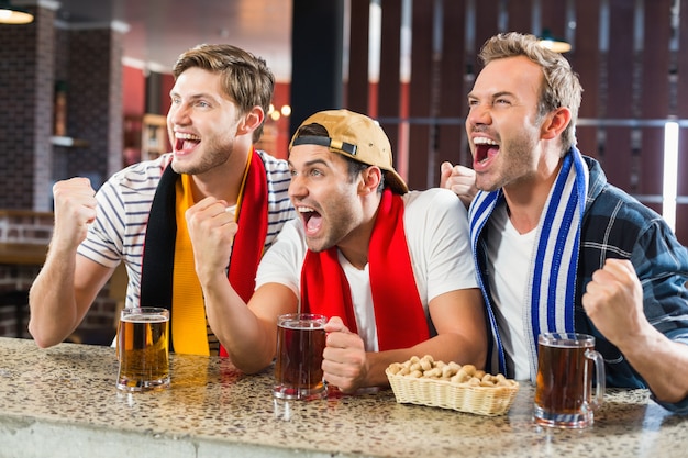 Foto homens torcendo com cervejas