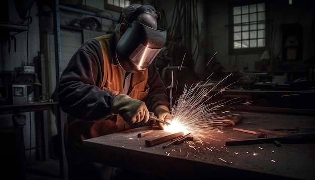 Homens trabalhando em uma fábrica de aço soldando metal com experiência gerada por inteligência artificial