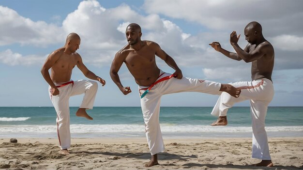 Foto homens treinando capoeira na praia