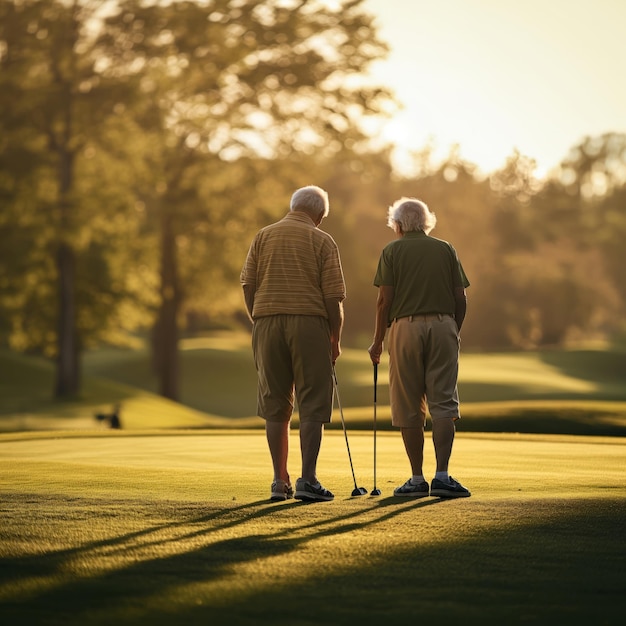 Homens velhos de cabelos grisalhos no campo a jogar golfe ao pôr-do-sol