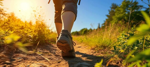 Foto homens vestindo sapatos esportivos e mochilas correndo ao longo de um caminho de montanha cênico em meio à natureza