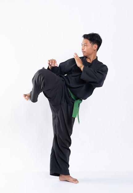 Homens vestindo uniformes pencak silat com cintos verdes realizam movimentos defensivos com as pernas após chutes