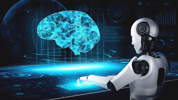 Hominoid-Roboter verwenden Laptop und sitzen am Tisch im Konzept des KI-Denkgehirns