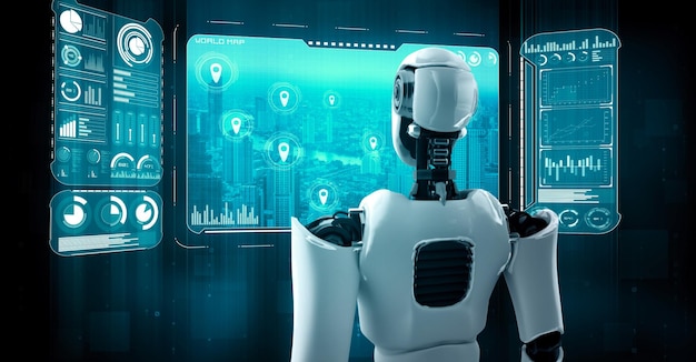 Hominoider KI-Roboter, der auf einen Hologrammbildschirm blickt, der das Konzept von Big Data zeigt