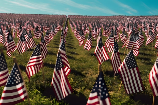 Hommage an den Memorial Day. Viele kleine amerikanische Flaggen auf einem grünen Rasen. Neuronales Netzwerk, generiert im Mai 2023. Basiert nicht auf einer tatsächlichen Szene oder einem tatsächlichen Muster