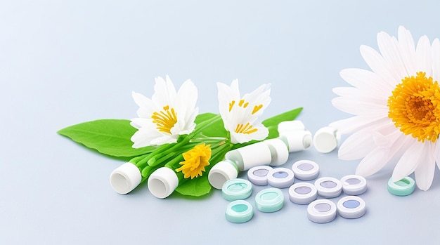 Homöopathische Pillen mit Frühlingsblumen auf weißem Hintergrund