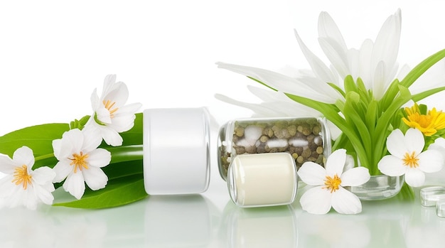 Homöopathische Pillen mit Frühlingsblumen auf weißem Hintergrund