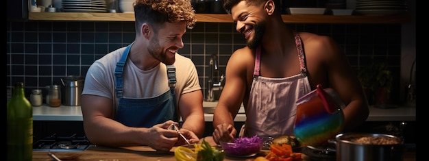 Homosexuelles Paar kocht glücklich Geschirr in der Küche auf einem Date
