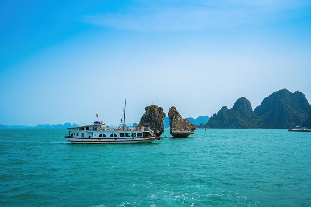 Hon Ga Choi Island o Cock and Hen Fighting Cocks Isla ubicada en la bahía de Halong Vietnam Isla de Trong Mai Sudeste asiático Crucero en bote basura Bahía de Ha Long Punto de referencia popular Destino famoso Vietnam