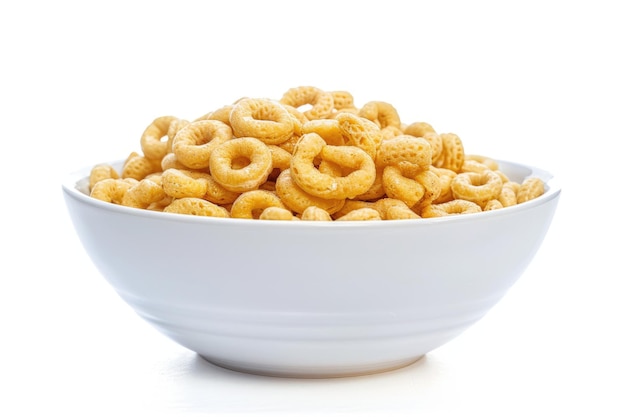 Honey Cheerios Breakfast Cereal em uma tigela branca isolada em fundo de círculo