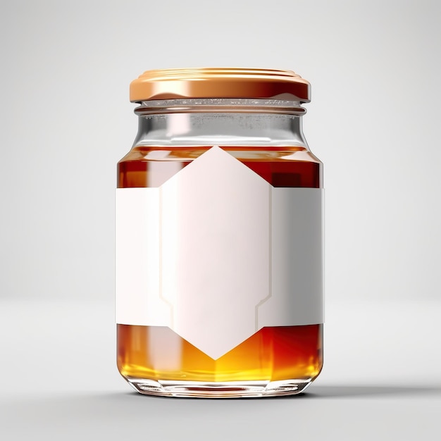 Honey Jar Mock Up realista coberto com etiqueta de papel em branco branco sobre fundo claro