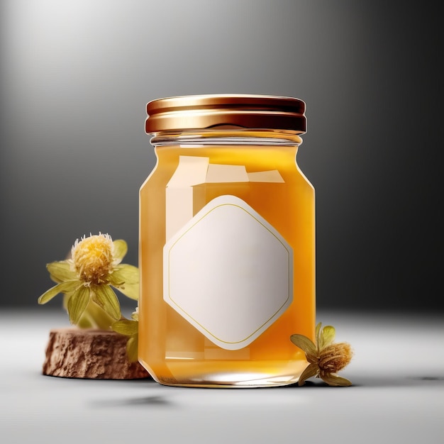 Honey Jar Mock Up realista coberto com etiqueta de papel em branco branco sobre fundo claro