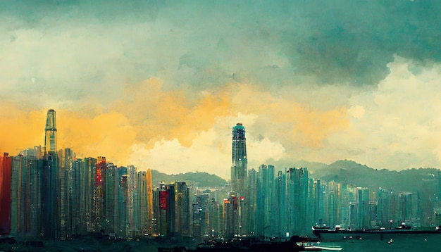 Hong Kong City Skyline Hong Kong China Malerei Illustration