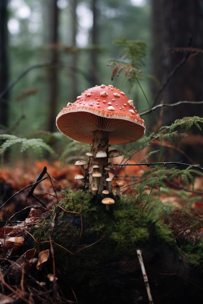 Hongo agarico de mosca en un entorno forestal con pequeños hongos a su alrededor