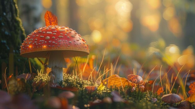 un hongo en el bosque con hojas de otoño