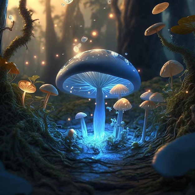 Un hongo en el bosque con luz azul.