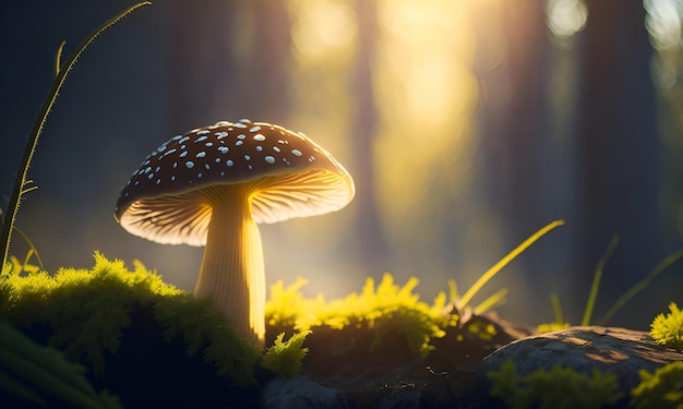 Un hongo en el bosque con el sol brillando sobre él.