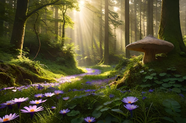 Un hongo en un bosque con el sol brillando a través de los árboles.