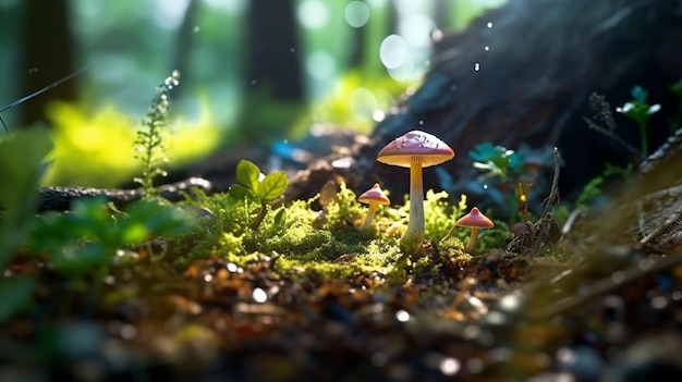 Un hongo en un bosque con un tocón de árbol en el fondo