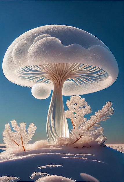 Hongo cubierto de nieve sentado en la cima de una colina cubierta de nieve ai generativo