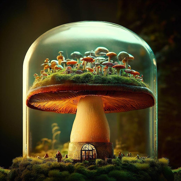 Hongo futurista y misterioso con casa de hongos.