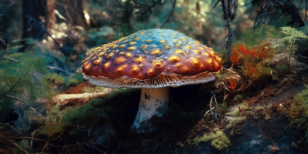 Un hongo con una gorra amarilla y azul y una gorra amarilla está en el bosque.