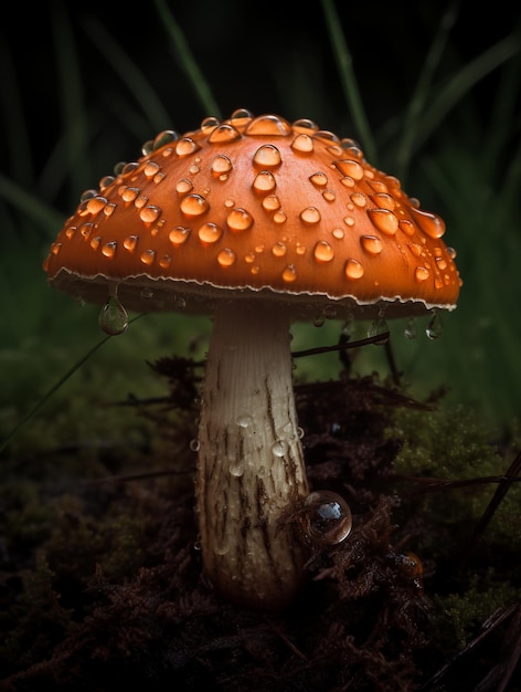 Un hongo con gotas de lluvia
