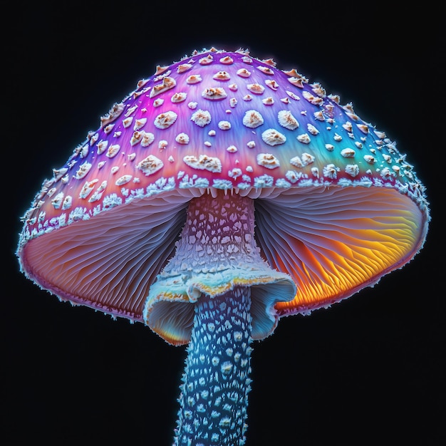 Un hongo iridescente de colores vívidos que brilla en la oscuridad