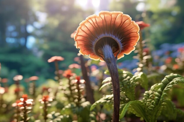 Foto hongo en el jardín con fondo de luz bokeh