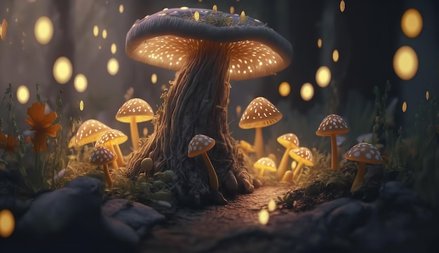 Hongo mágico en un bosque de cuento de hadas encantado de fantasía con mucha luminosidad e iluminación AI generativa