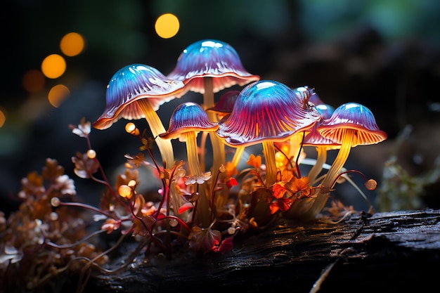 Un hongo mágico resplandeciente prospera en un bosque imaginario