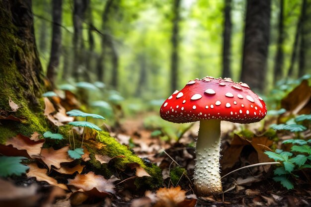 un hongo rojo en el bosque con un bosque en el fondo