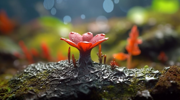 Un hongo rojo con una flor