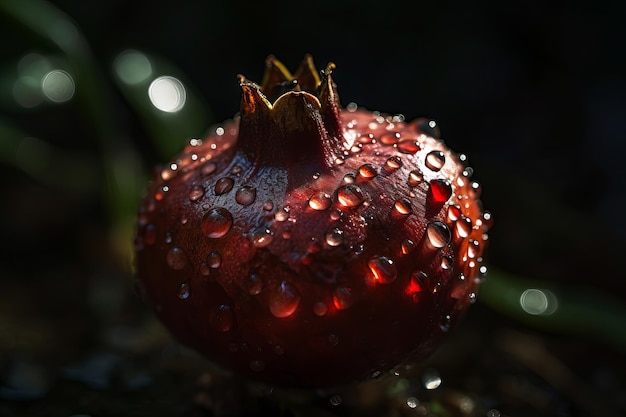 Un hongo rojo con gotas de agua