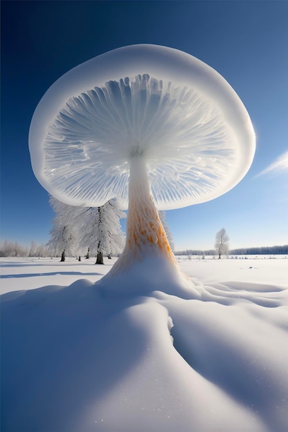 Hongo sentado encima de un campo cubierto de nieve ai generativo