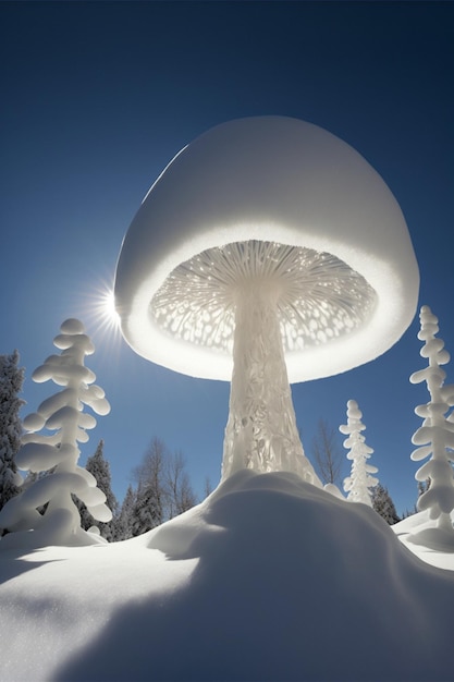 Hongo sentado encima de un montón de nieve ai generativo