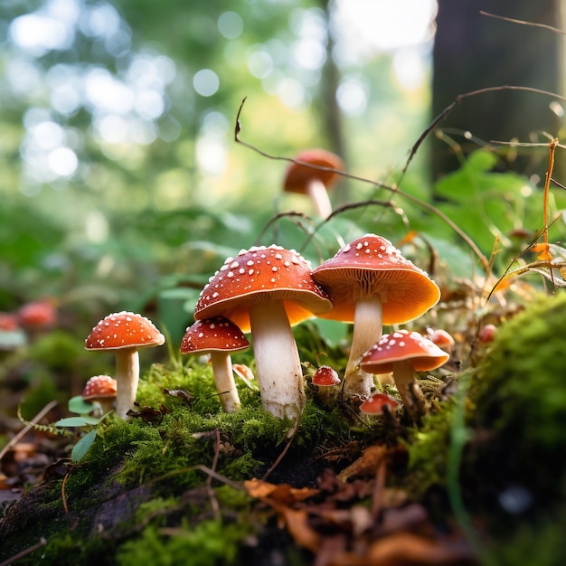 hongos agaricos rojos tóxicos para la mosca en el suelo del bosque en otoño