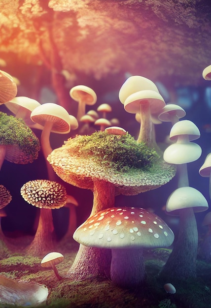 Hongos alucinógenos que contienen psilocibina en la ilustración 3D del bosque mágico