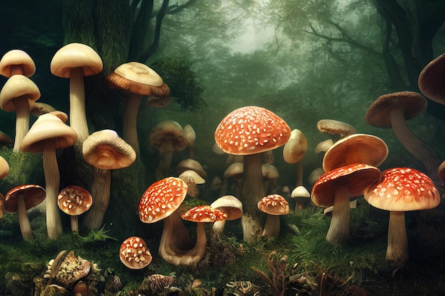 Hongos alucinógenos que contienen psilocibina en la ilustración 3D del bosque mágico