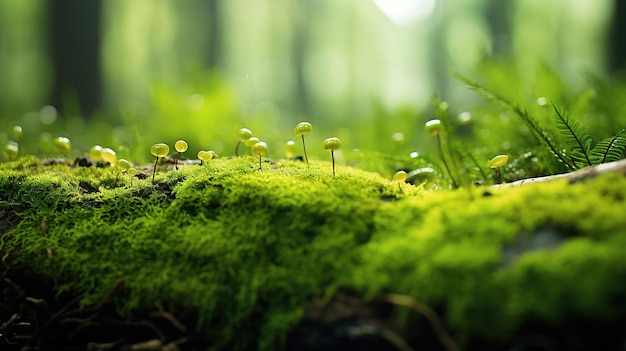 Hongos en un bosque cubierto de musgo con musgo