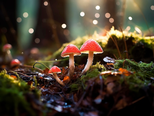 Los hongos en el bosque con luces bokeh foto macro