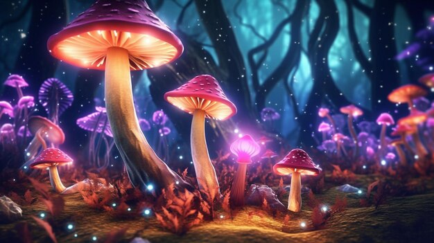 Los hongos en un bosque con luces brillantes y un fondo oscuro generativo ai