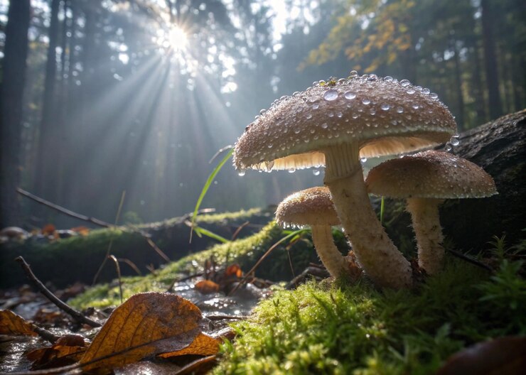 Los hongos del bosque con la maravillosa luz del sol