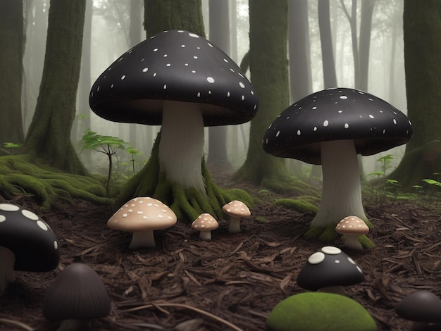 Los hongos en el bosque por la noche difuminan el fondo