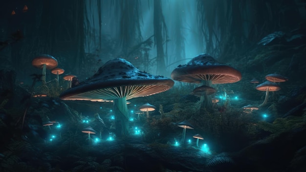 Hongos en un bosque oscuro con luces azules