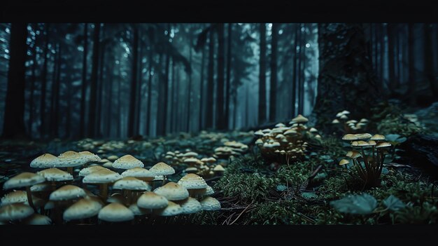 Foto los hongos brillantes en un bosque oscuro los hongos son de varios tamaños y formas y emiten una suave luz espeluznante